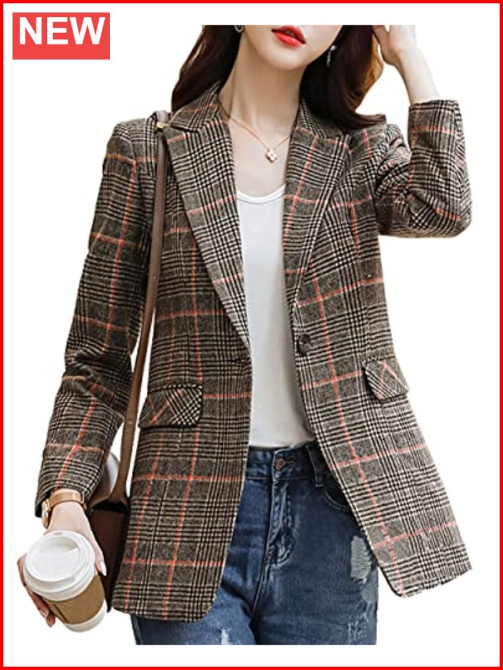 Women Double Breasted Houndstooth Plaid Slim Boyfriend Blazer Jacket